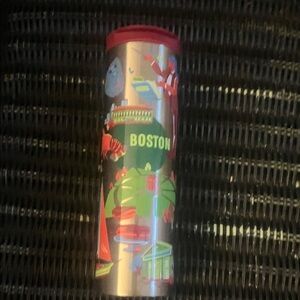 Starbucks Silver Travel Tumbler with Red Accents and Multi-Color City Graphics